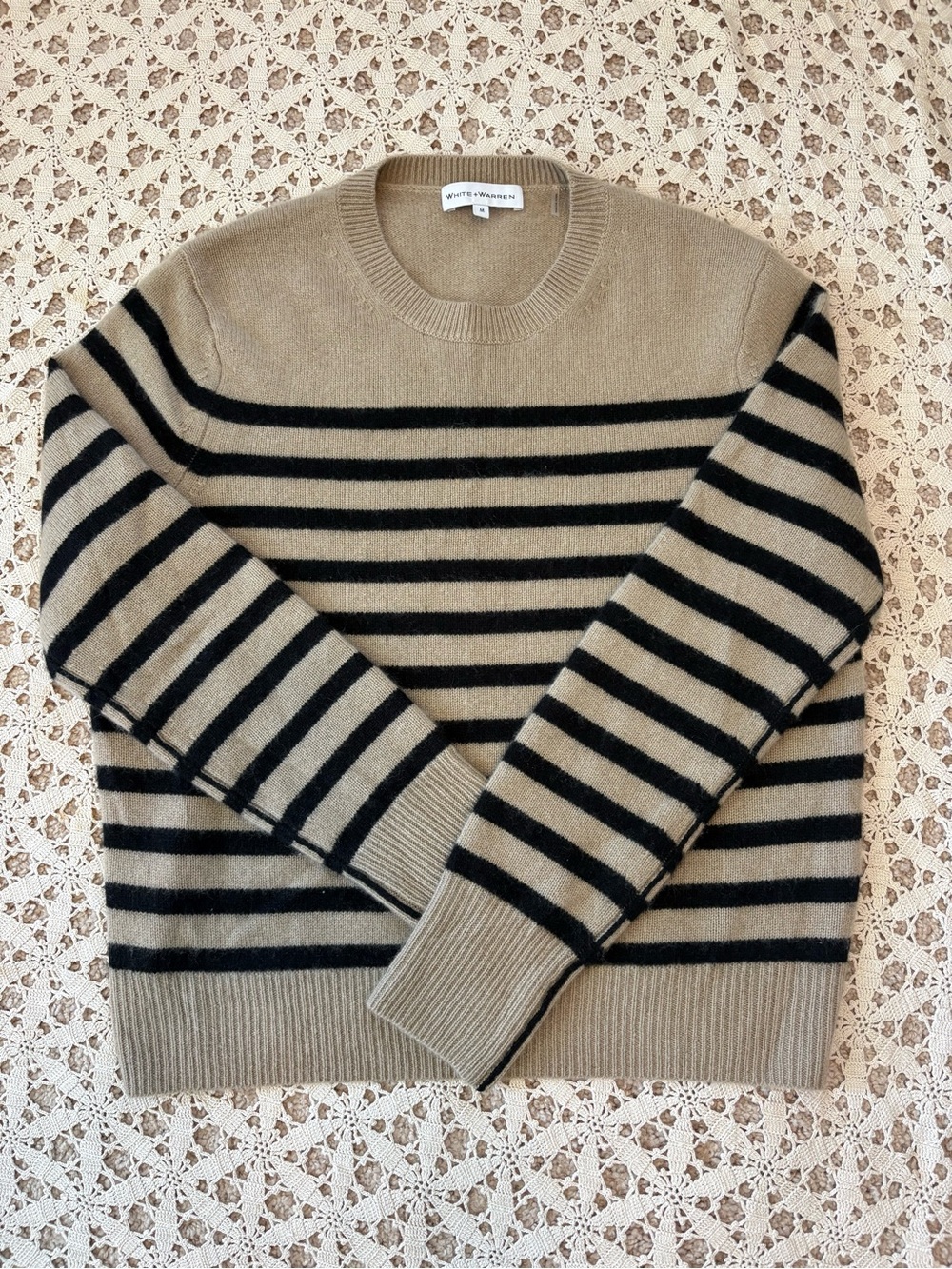White + Warren 100% Cashmere Black & Tan Striped Crewneck Sweater Size Medium